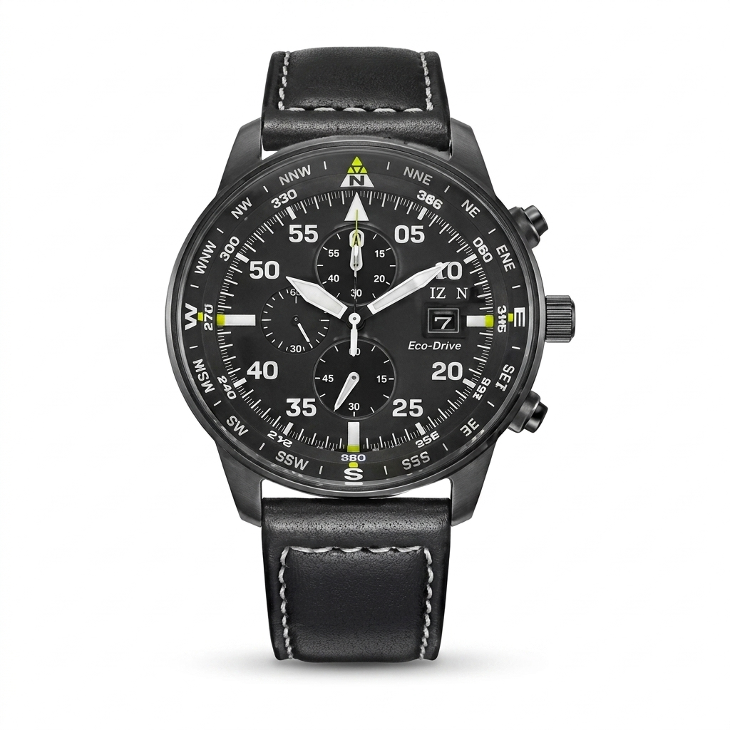 Pilot Chronograph mit Lederarmband Schwarz